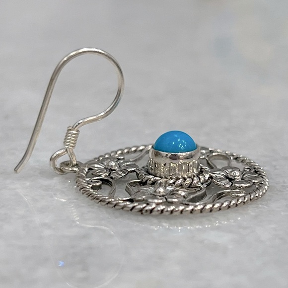 Arizona Sleeping Beauty Turquoise Sterling Silver Floral Dangle Earrings - Picture 7 of 10